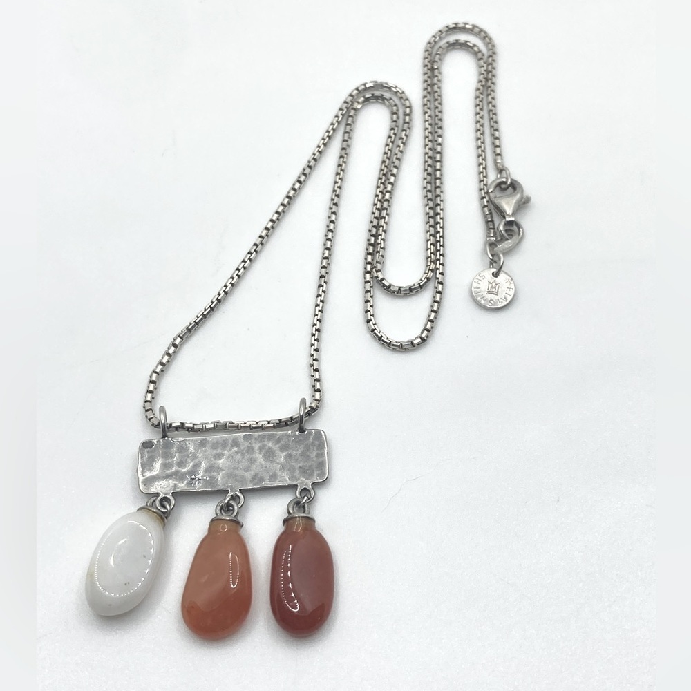 VTG Sterling & Agate Multi Stone Drop Pendant Boxlink Chain Sits at 17”